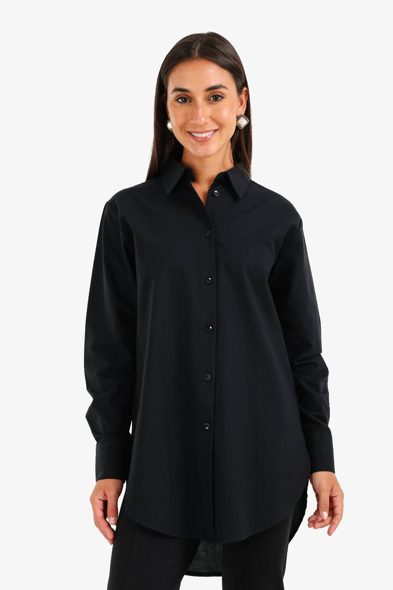Cotton High-Low Relaxed Shirt – Black