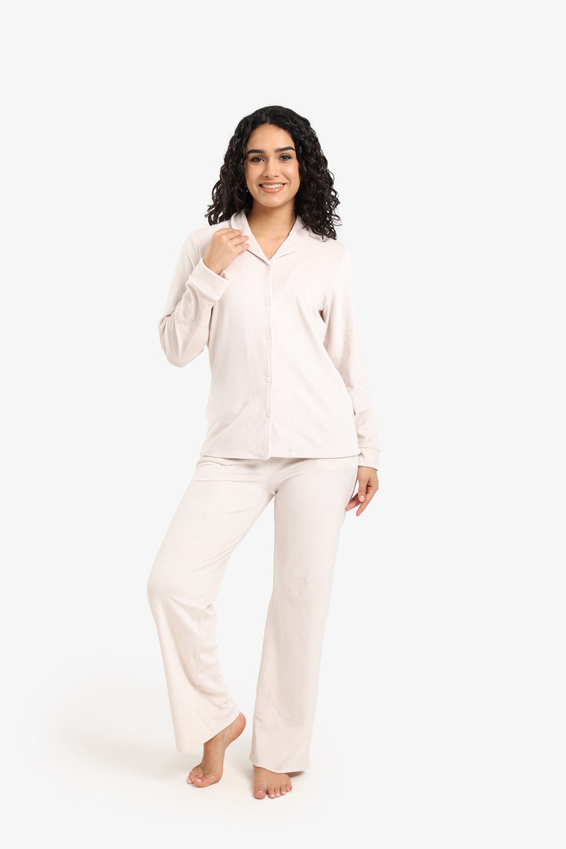 Velvet Solid Pyjama Set – Ivory
