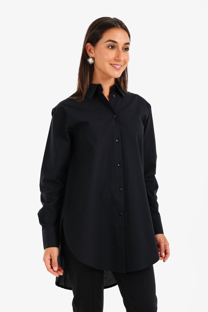 Cotton High-Low Relaxed Shirt – Black
