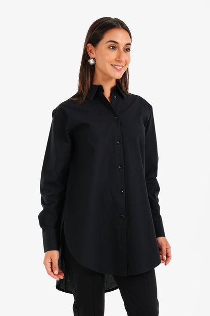 Cotton High-Low Relaxed Shirt – Black
