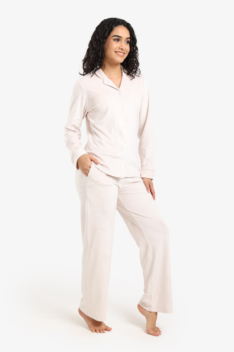 Velvet Solid Pyjama Set – Ivory