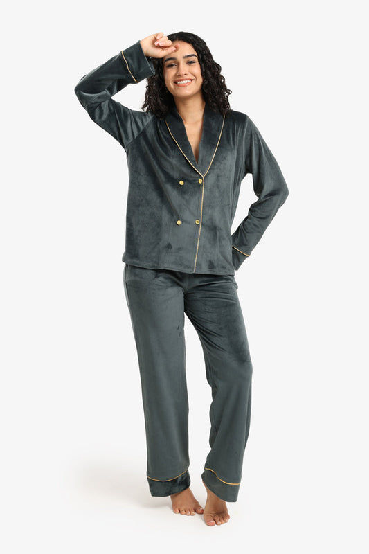 Velvet Double-Breasted Pyjama Set – Green Grey