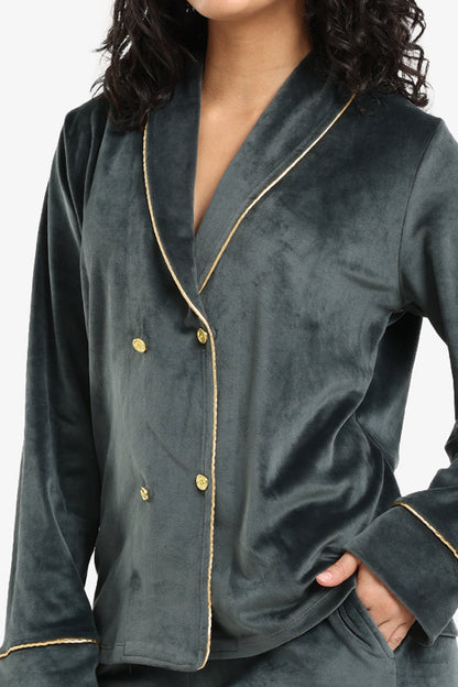 Velvet Double-Breasted Pyjama Set – Green Grey