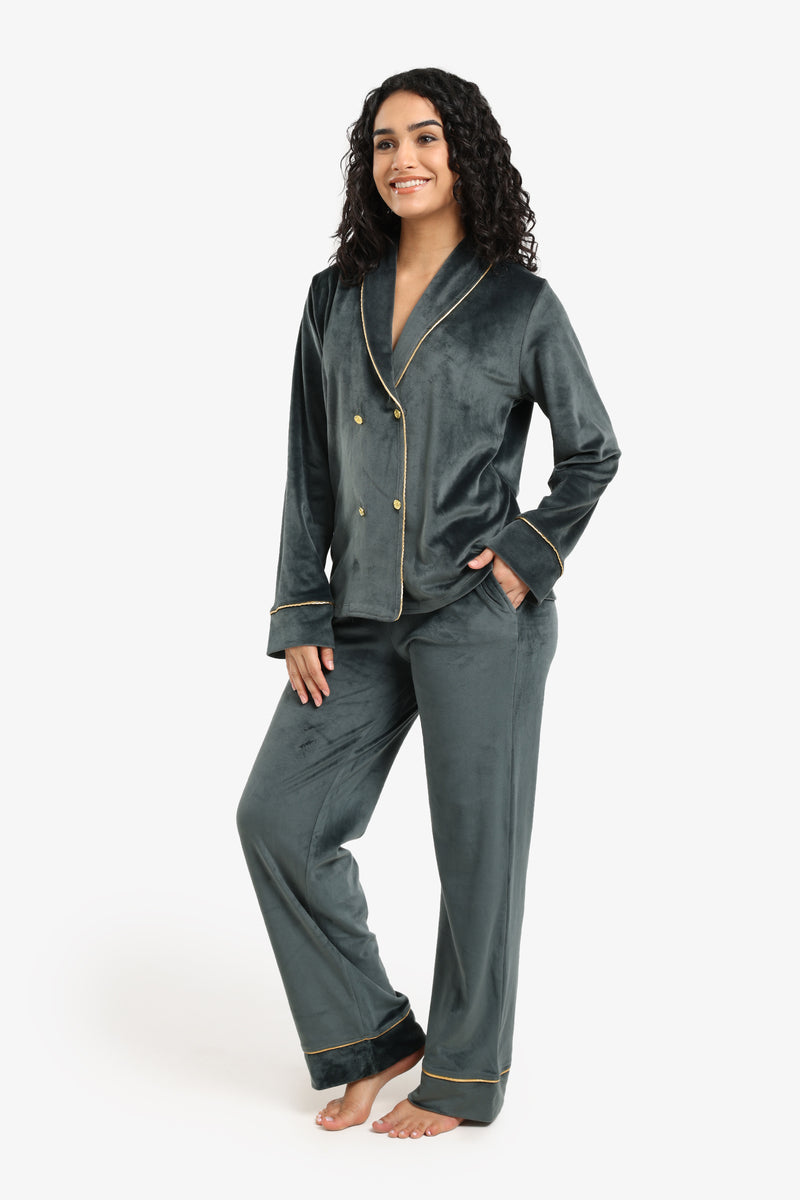 Velvet Double-Breasted Pyjama Set – Green Grey