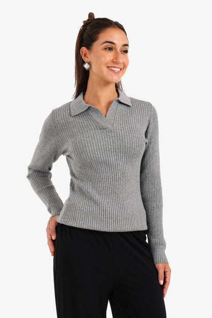 Polyamide Ribbed Tricot Pullover – Grey