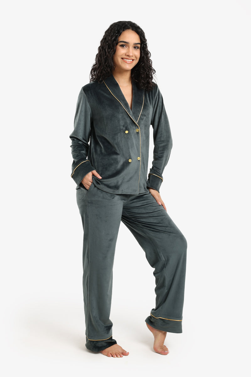 Velvet Double-Breasted Pyjama Set – Green Grey