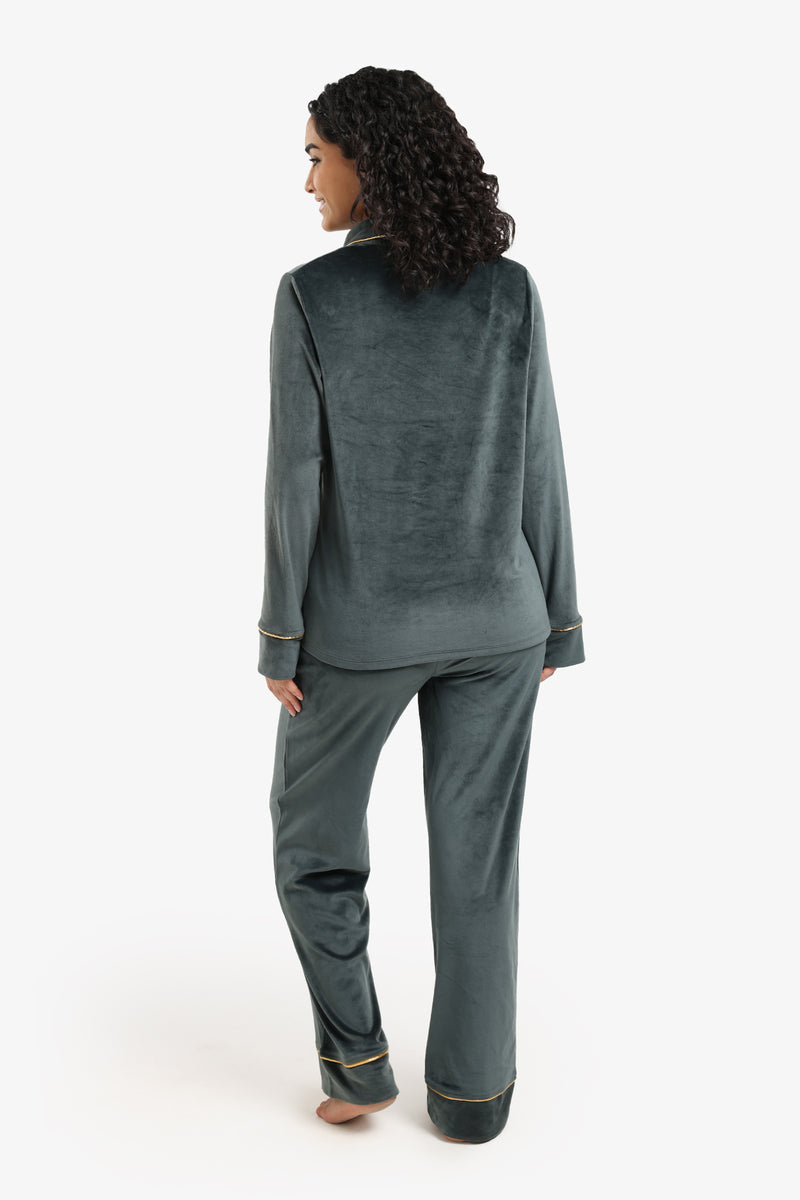 Velvet Double-Breasted Pyjama Set – Green Grey