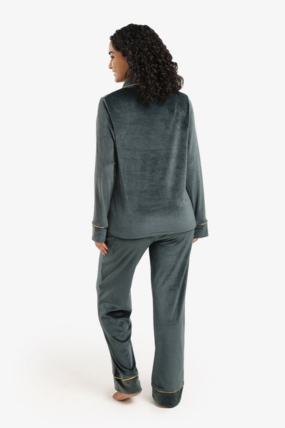 Velvet Double-Breasted Pyjama Set – Green Grey