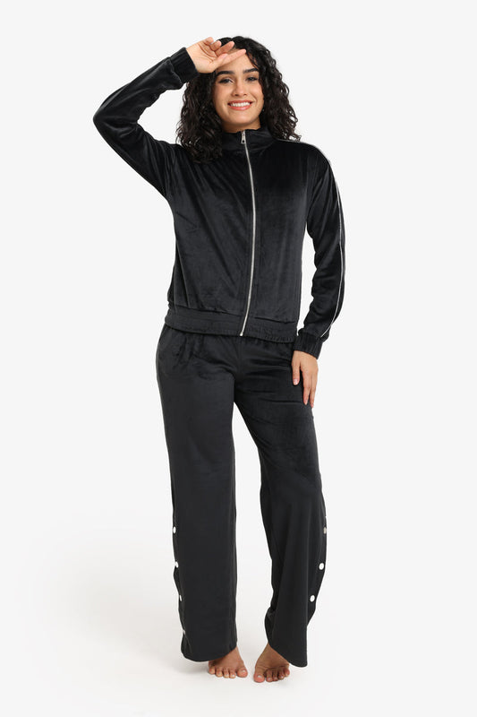 Velvet Solid Straight-Cut Pyjama Set – Black