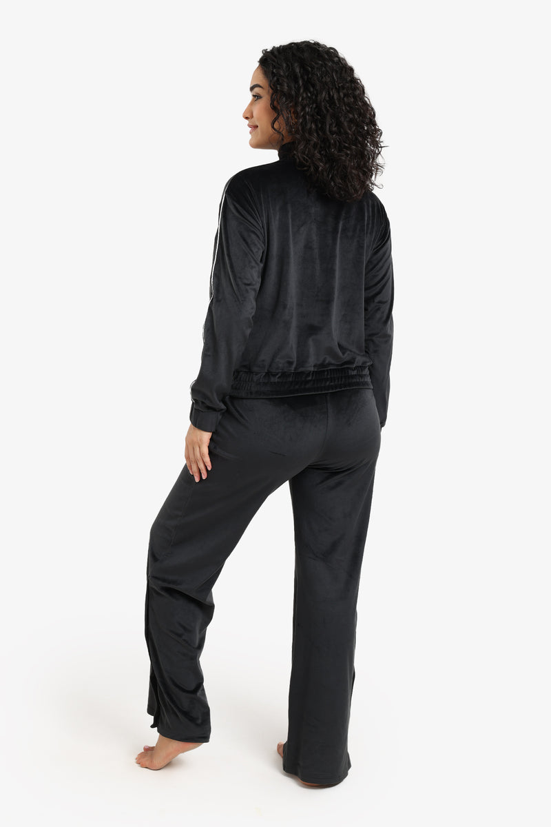 Velvet Solid Straight-Cut Pyjama Set – Black