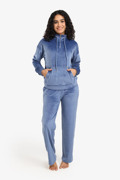 Velvet High Neck Pyjama Set – Dark Indigo