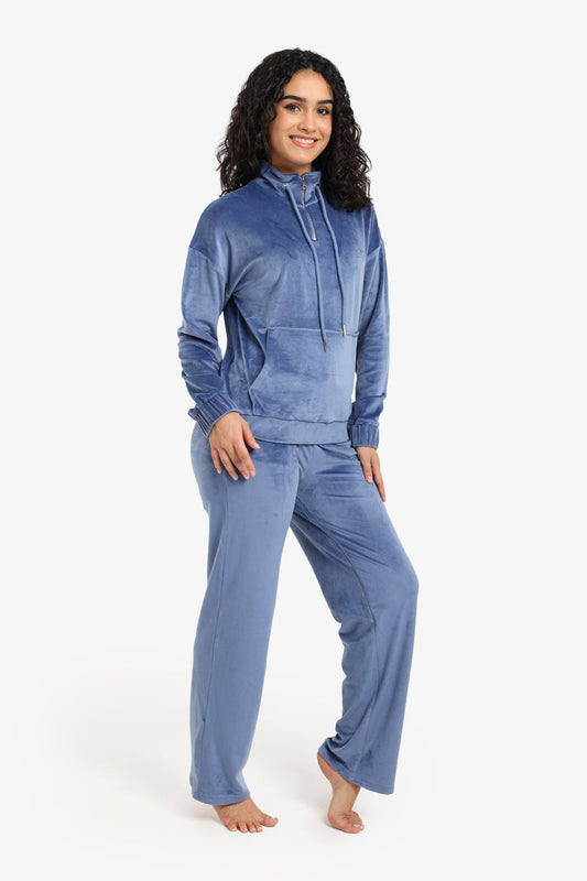 Velvet High Neck Pyjama Set – Dark Indigo