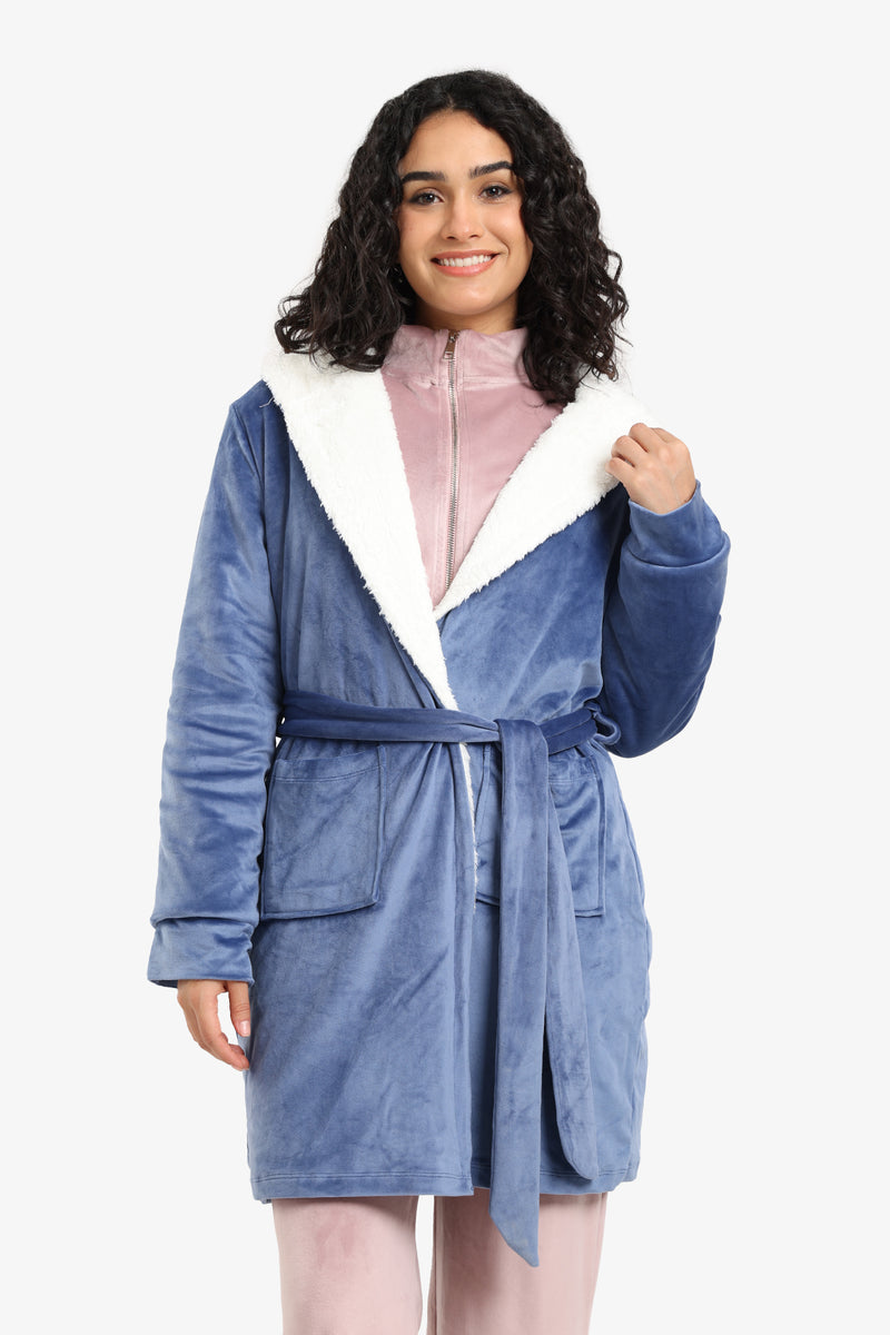Velvet Solid Hooded Robe – Dark Indigo