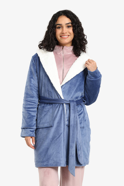 Velvet Solid Hooded Robe – Dark Indigo
