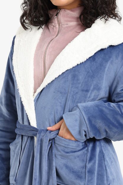 Velvet Solid Hooded Robe – Dark Indigo