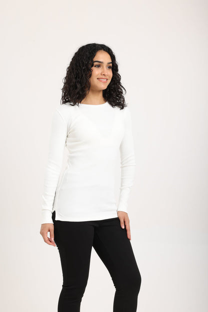Cotton Ribbed Long Sleeve Top – Off White
