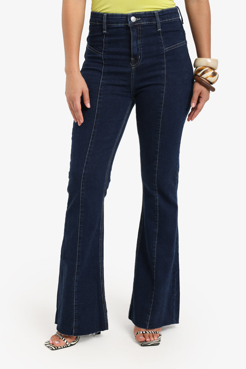 Cotton Solid High Rise Flare Jeans – Navy