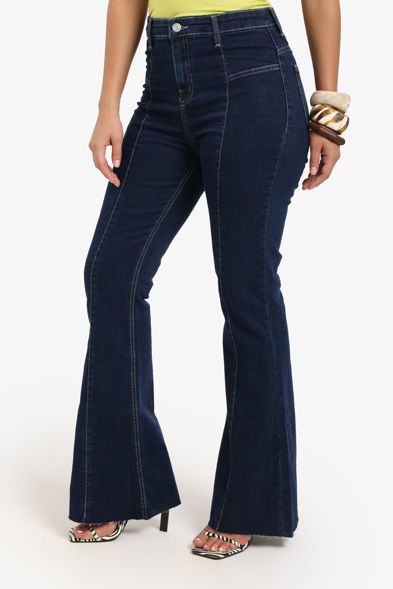 Cotton Solid High Rise Flare Jeans – Navy