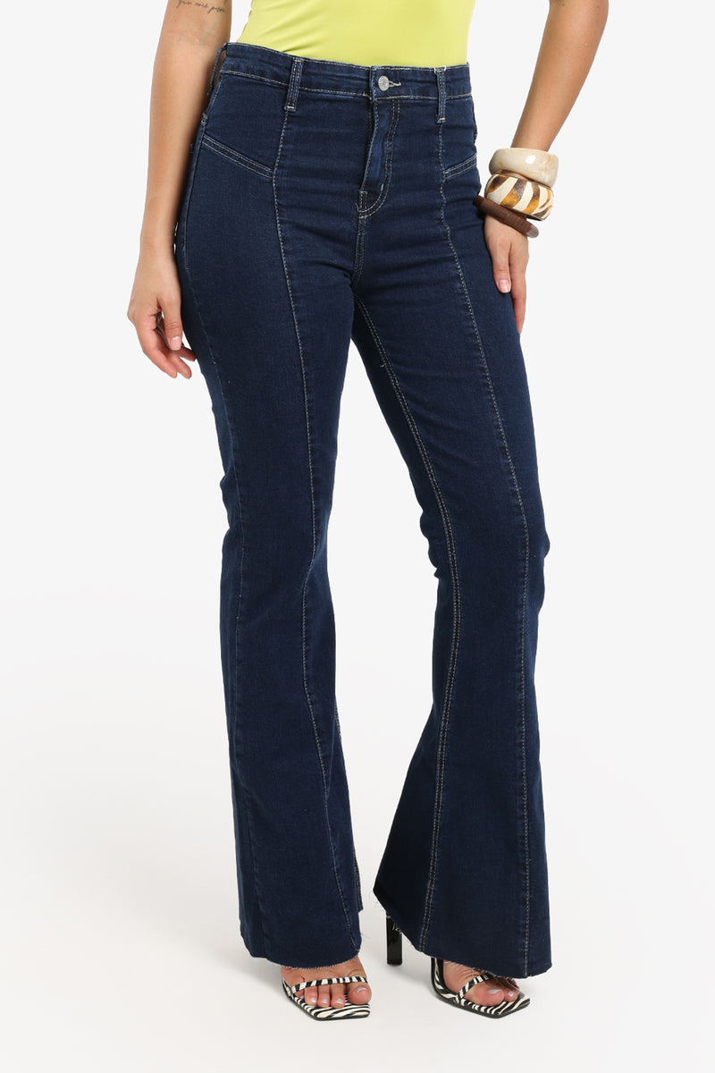 Cotton Solid High Rise Flare Jeans – Navy