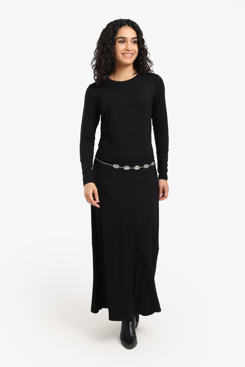 Viscose Blend Plain Knitted Long Dress – Black