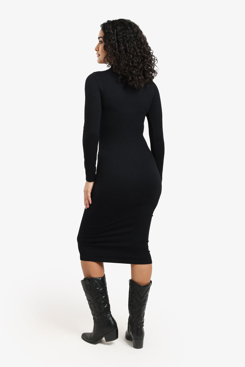 Microfiber Ribbed Midi Dress – Black