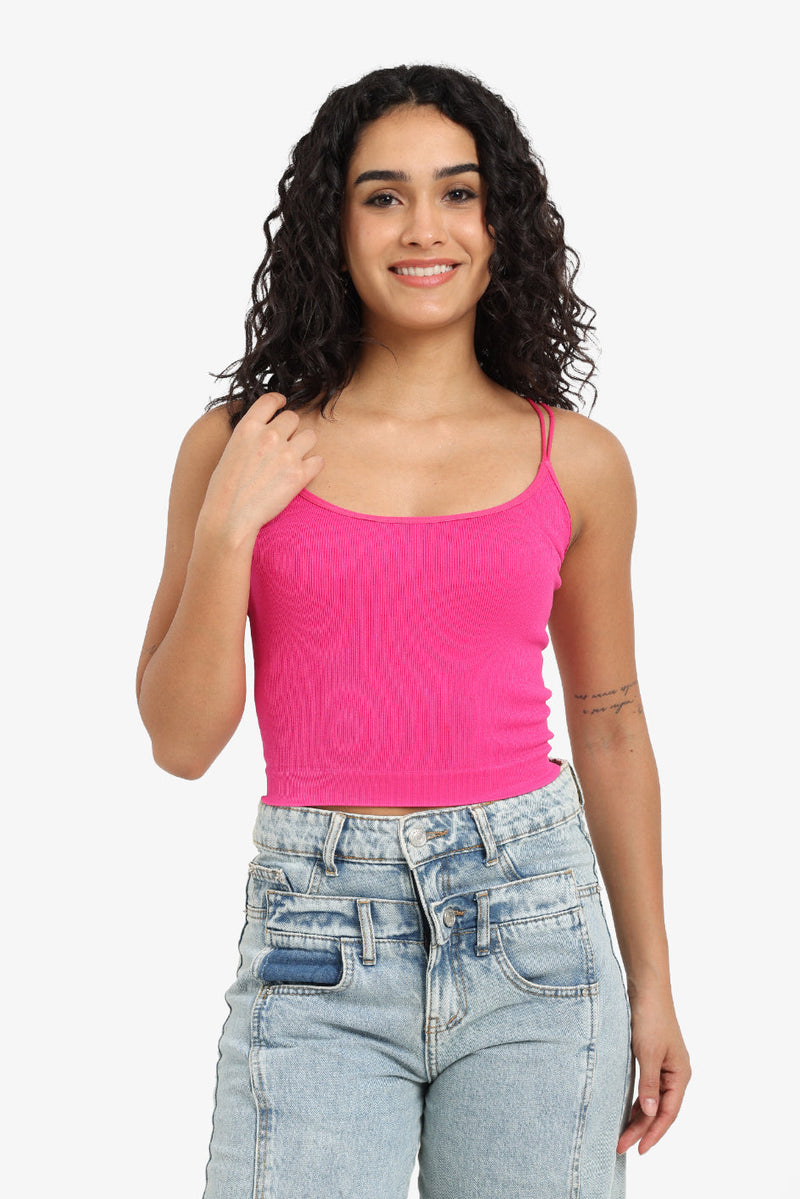 Polyamide Ribbed Double-Strap Top – Hot Pink