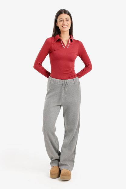 Polyamide V-Collared Long Sleeve Polo – Light Burgundy