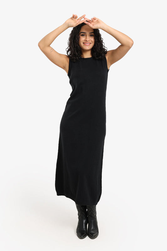 Polyamide Sleeveless Knitted Midi Dress – Black