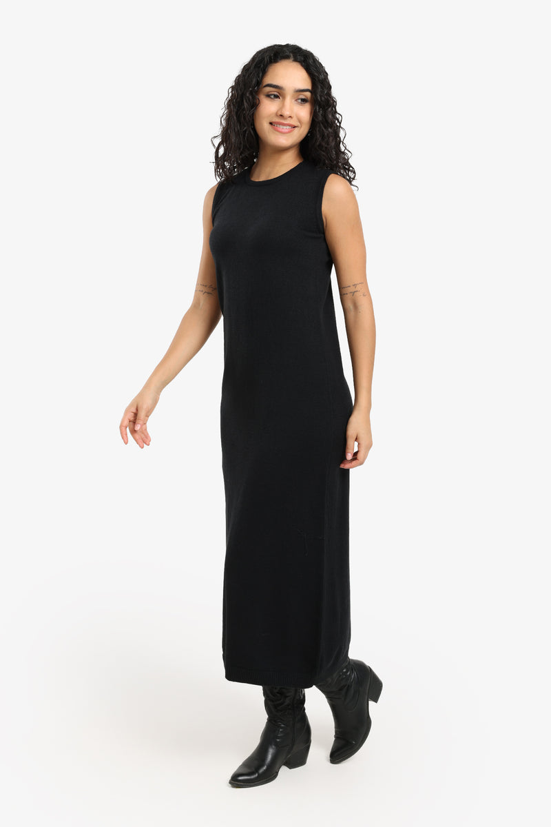 Polyamide Sleeveless Knitted Midi Dress – Black