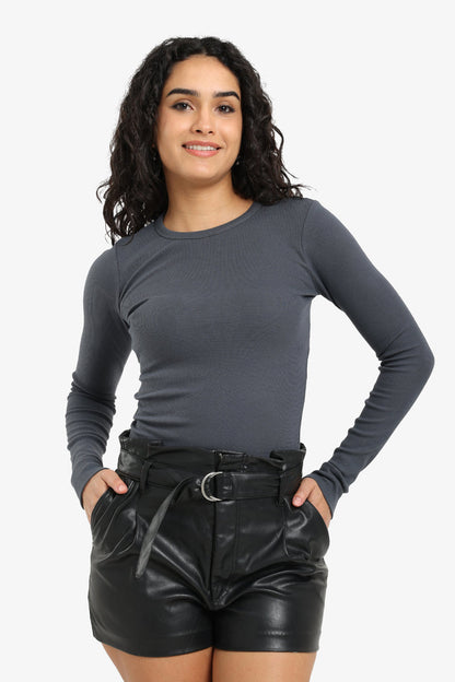 Cotton Ribbed Long Sleeve Top – Grey