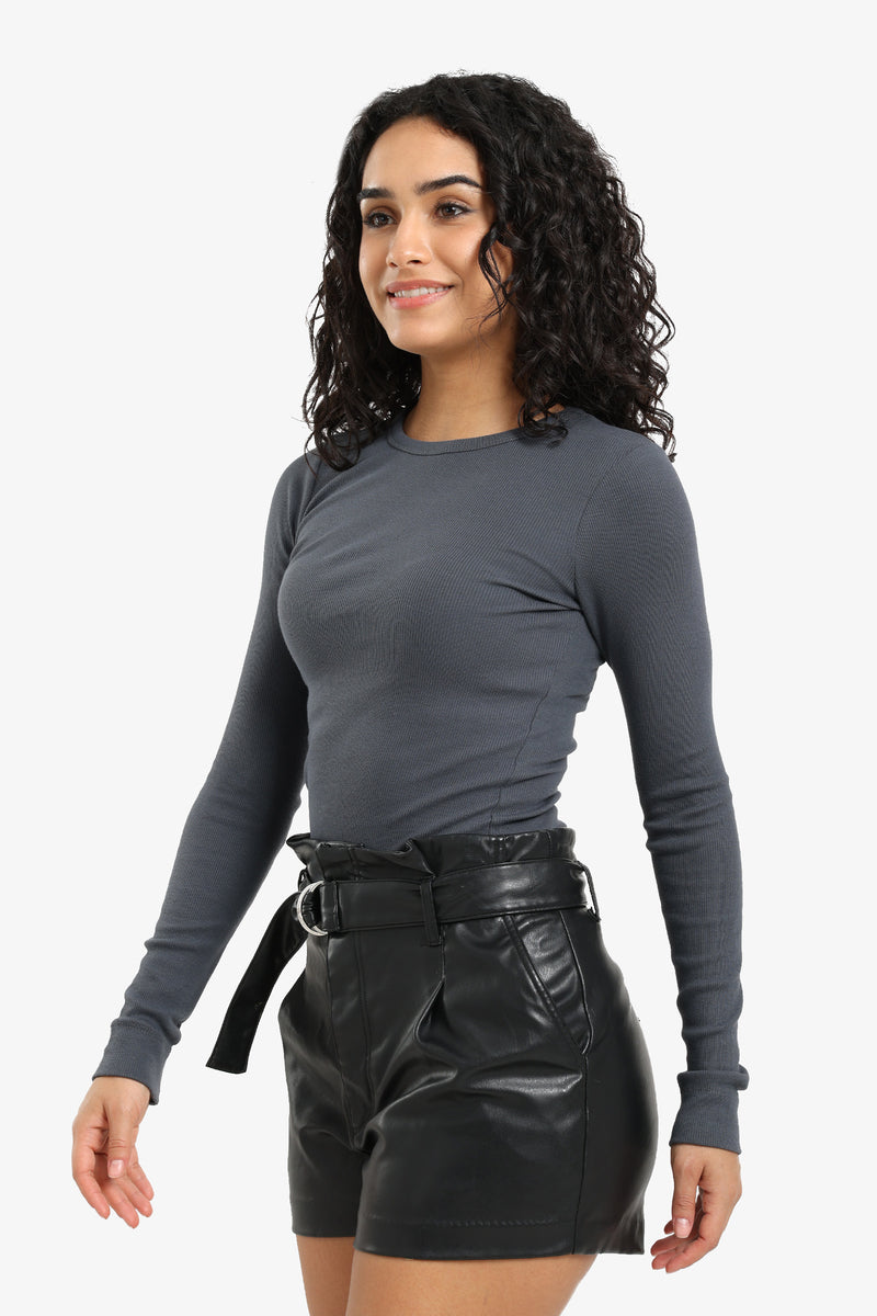Cotton Ribbed Long Sleeve Top – Grey