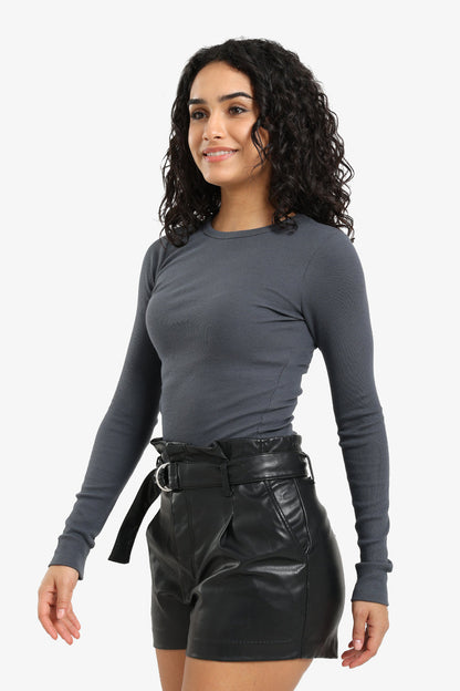 Cotton Ribbed Long Sleeve Top – Grey