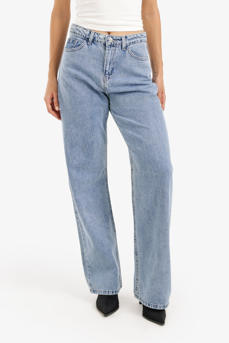 Cotton Denim Straight-Cut Pants – Light Blue