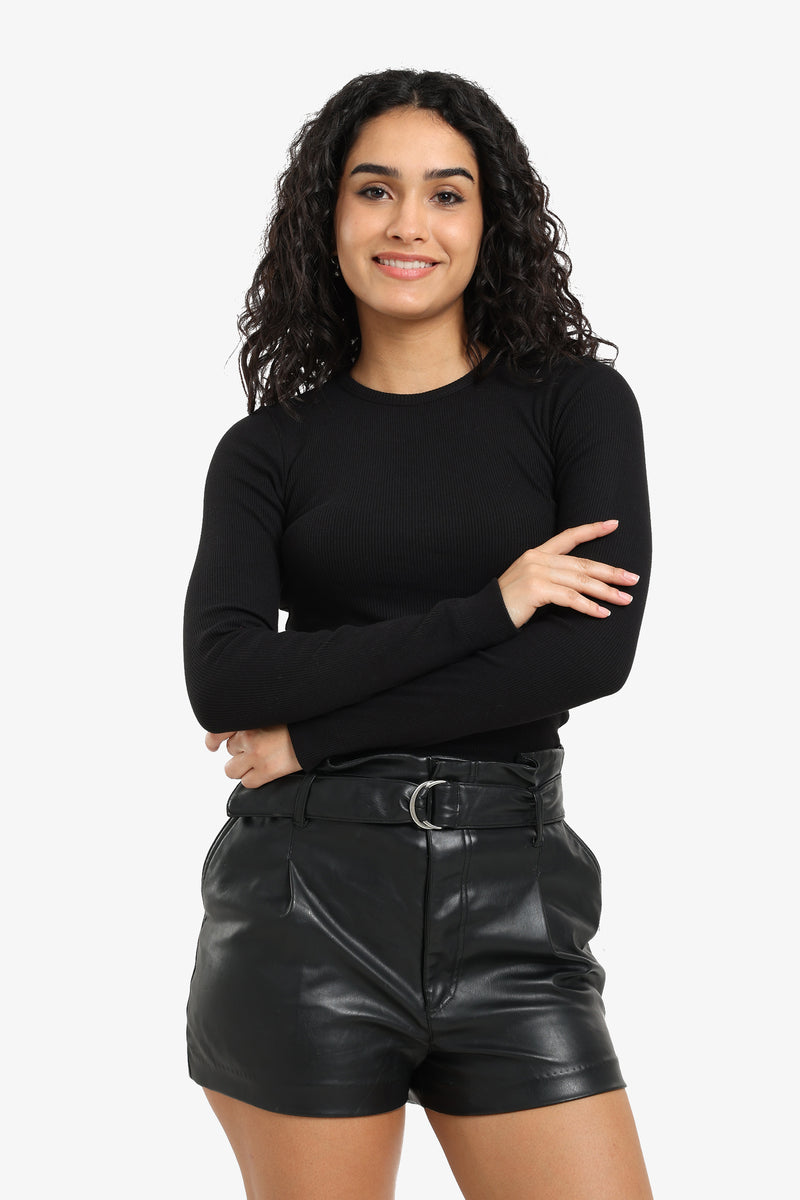 Cotton Ribbed Long Sleeve Top – Black