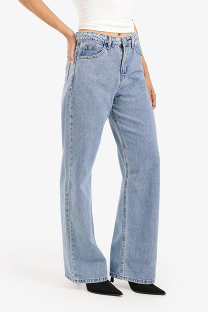 Cotton Denim Straight-Cut Pants – Light Blue