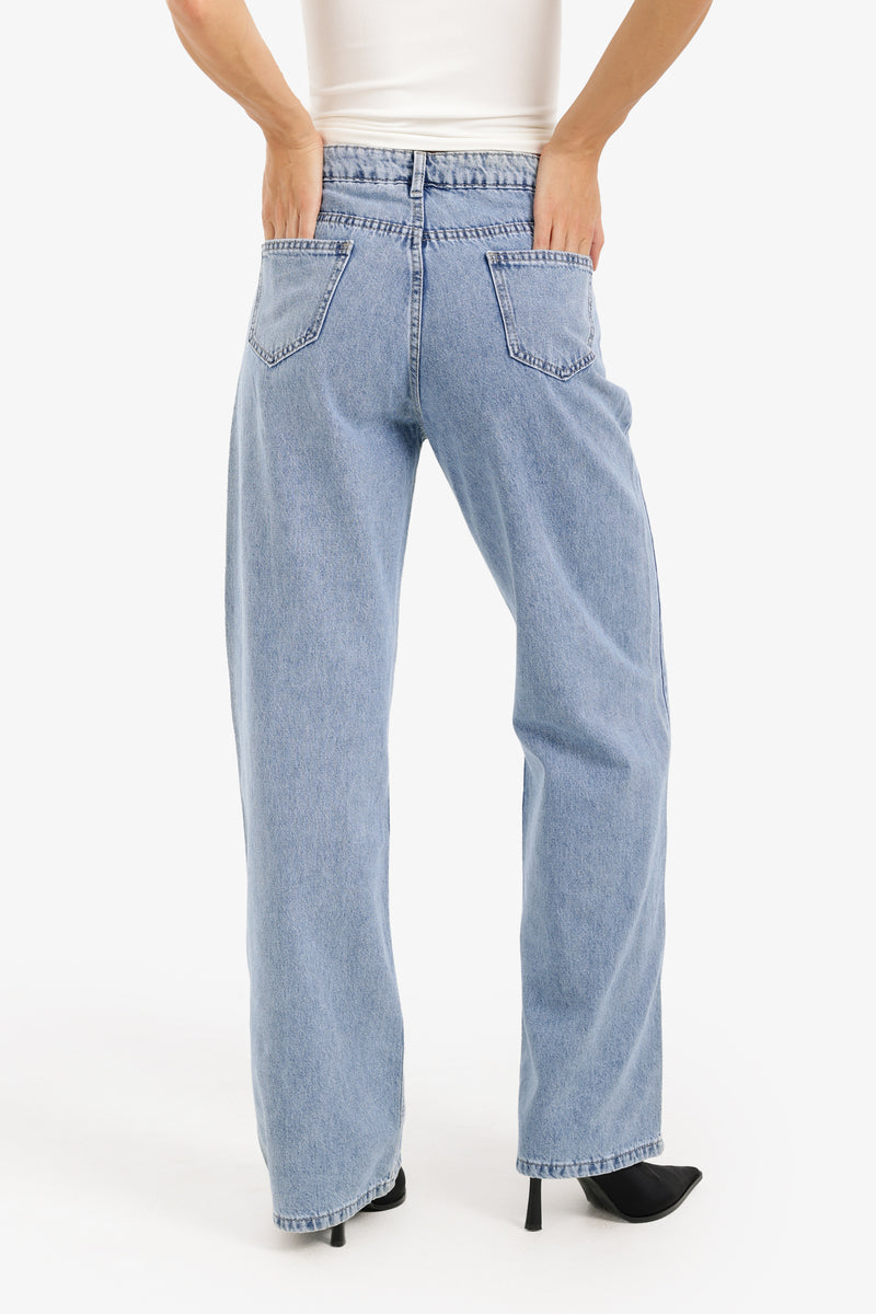 Cotton Denim Straight-Cut Pants – Light Blue