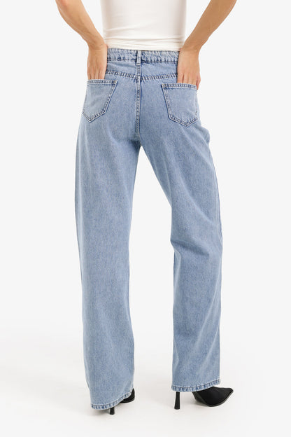 Cotton Denim Straight-Cut Pants – Light Blue