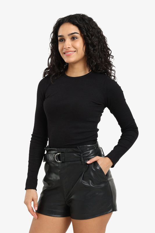 Cotton Ribbed Long Sleeve Top – Black