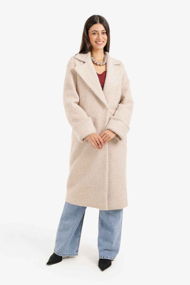 French Terry Coat with Notch Collar – Beige