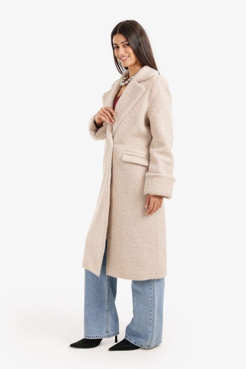 French Terry Coat with Notch Collar – Beige