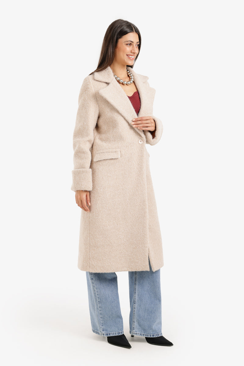 French Terry Coat with Notch Collar – Beige