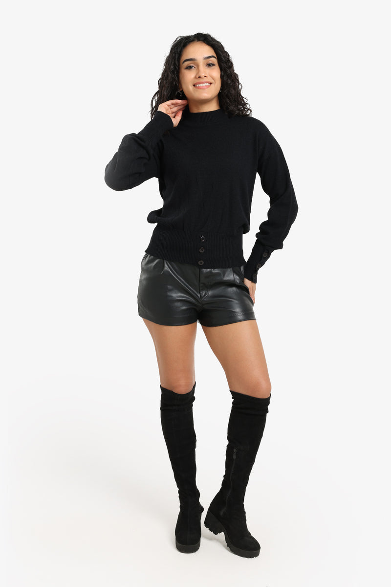 Polyamide Solid Button Detail Pullover – Black
