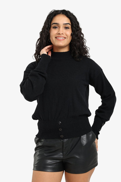 Polyamide Solid Button Detail Pullover – Black