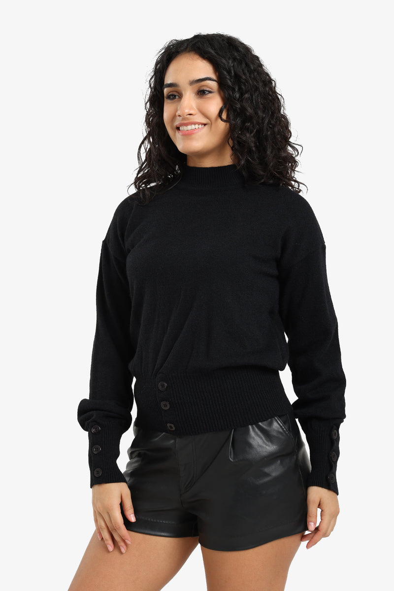 Polyamide Solid Button Detail Pullover – Black
