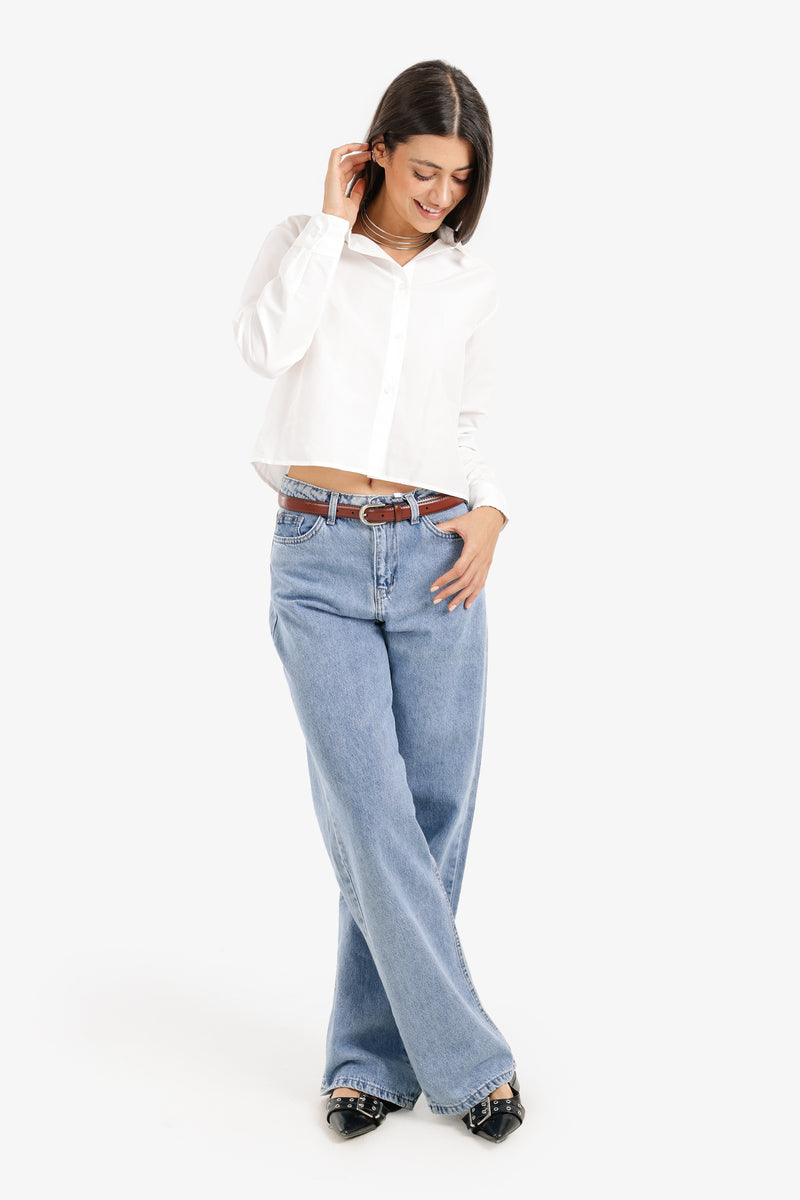 Cotton Cropped Button-Up Shirt – White
