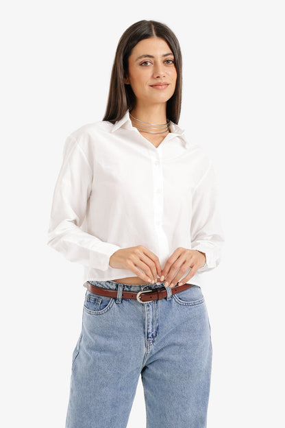 Cotton Cropped Button-Up Shirt – White