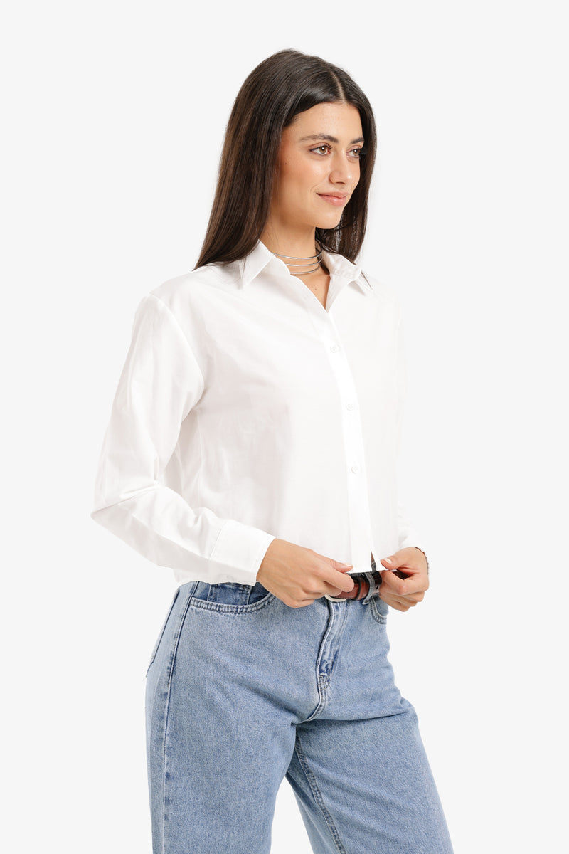 Cotton Cropped Button-Up Shirt – White