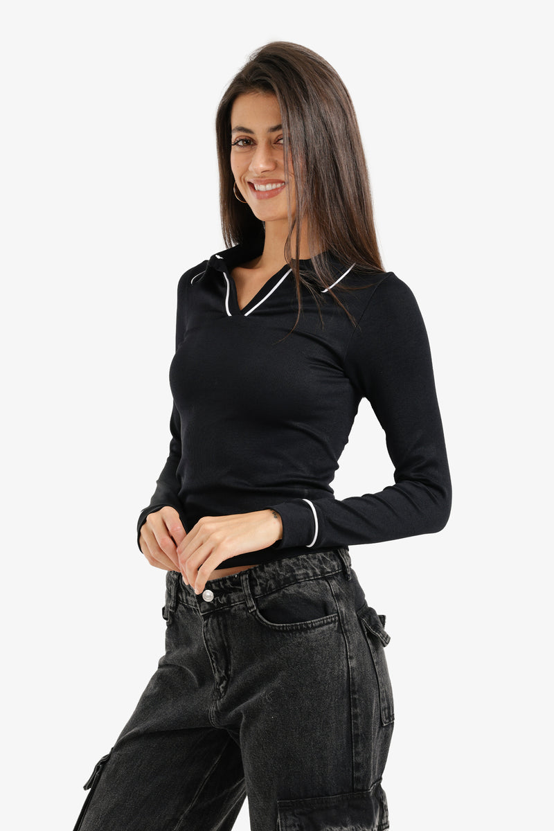 Polyamide V-Collared Long Sleeve Polo – Black