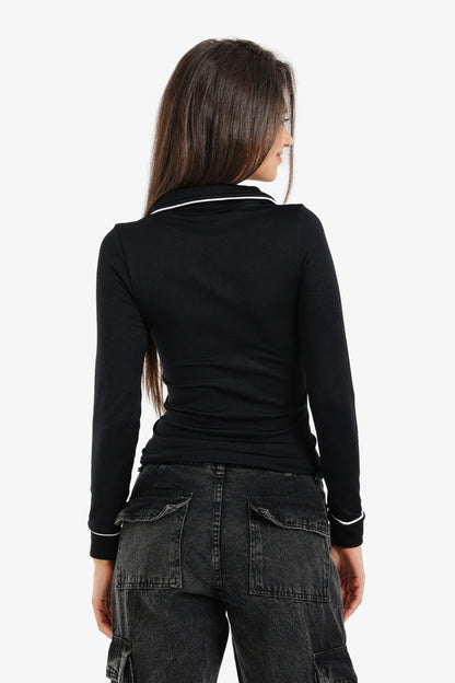 Polyamide V-Collared Long Sleeve Polo – Black