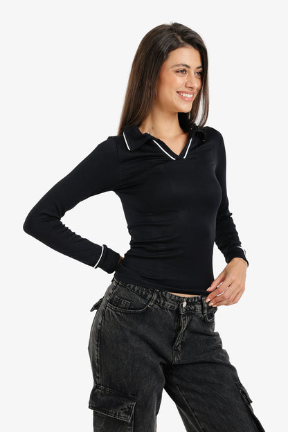 Polyamide V-Collared Long Sleeve Polo – Black